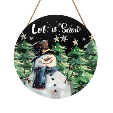 Imagem de Letreiro de boneco de neve Let It Snow para decoração de porta da frente de Natal boneco de neve cabide de porta de madeira para varanda externa inverno bem-vindo pinheiros guirlanda de madeira