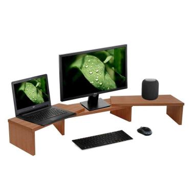 Imagem de Suporte De Mesa Base Elevada Ajustável 3 Monitores Gamer Notebook Madeira Natural