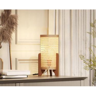 Imagem de Abajur de Mesa de Cabeceira Rattan Pé em Madeira Decor Sala - Anyben