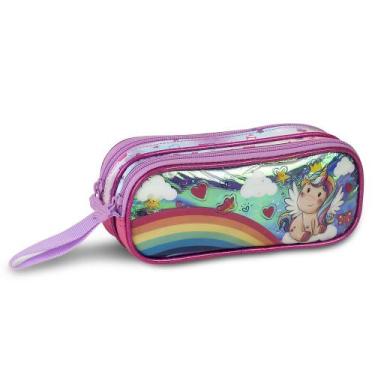 Imagem de Estojo escolar unicornio holográfico estojo duplo brilhante - Clio