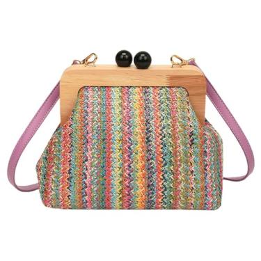 Imagem de Bolsas de praia de palha para mulheres bolsa transversal de palha de verão bolsa de mão ráfia bolsas de ombro bolsa de ombro bolsa em forma de concha 2024, A - roxo