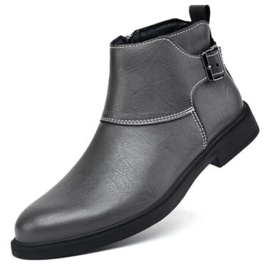 Imagem de Bota Chelsea masculina de couro legítimo, bico fino, fivela ajustável, com zíper interno, botas de cano baixo, casual, formal, Cinza, 45