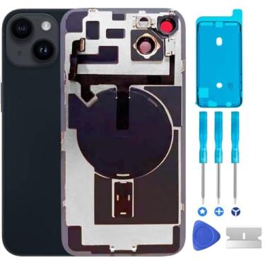 Imagem de ABUSVEX Substituição de vidro traseiro original para iPhone 14, placa e cabo flexível e todas as peças, moldura de câmera pré-instalada para iPhone 14 + ferramentas de reparo (meia-noite)