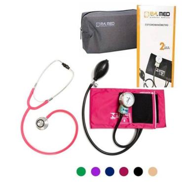 Imagem de Kit Esfigmomanômetro + Estetoscópio Duo Bic P.A.MED Rosa com Bolsinha 