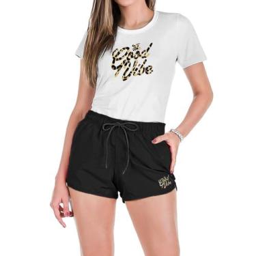 Imagem de Conjunto Feminino Verão Moda Praia Camiseta Algodão Short Tactel Estam