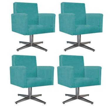 Imagem de Kit 04 Poltronas Arenzza Base Giratória de Metal Suede Azul Turquesa -