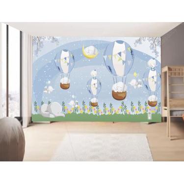 Imagem de Papel de Parede Infantil Balões Fundo Azul   Rosas  (folha med. 90x300