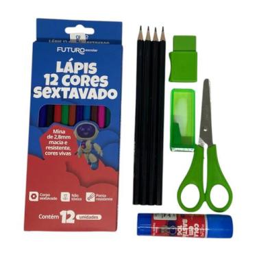 Imagem de Kit Material Escolar 12 Cores Completo Borracha Apontador - RK, Verde