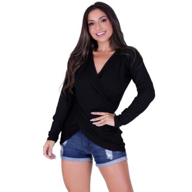 Imagem de Blusa Toda Casual feminina manga longa franzida preta malha viscolycra-Feminino