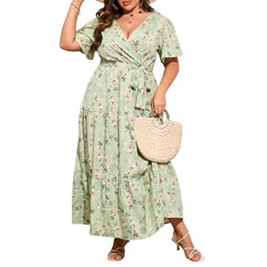 Imagem de ShopWonder Vestido feminino plus size com decote em V, cintura alta, babados, vestido casual de verão com cinto, Estampa verde fruta, 4G