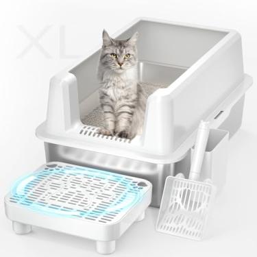 Imagem de PereHome Caixa de areia para gatos de aço inoxidável fechada, caixa de areia extra grande com tampa, caixa de areia de metal com face alta, fácil de limpar, inodoro, antivazamento de urina, inclui