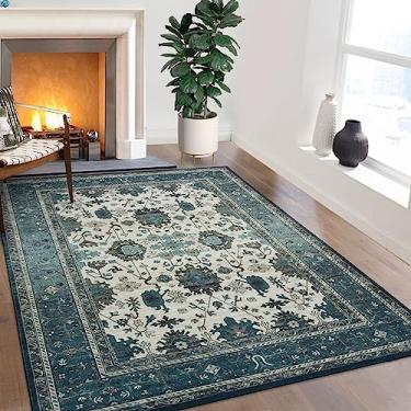 Imagem de WESTLOOM Tapete lavável 20 x 25 cm Boho Vintage Tapete de sala de estar com suporte antiderrapante, tapete medalhão azul-petróleo envelhecido não solta tapete boho, tapete vintage 8x10