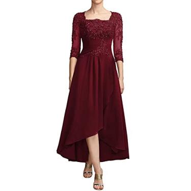 Imagem de Vestidos de mãe da noiva comprimento chá para casamento plus size mãe do noivo vestido com mangas, Borgonha, 12