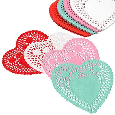 Imagem de Doilies de papel em forma de coração de 20 cm - Pacote com 100, 25 cada em vermelho, rosa, branco e azul - Doilies de coração perfeitos para decorações de dia dos namorados.
