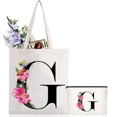 Imagem de Andeiltech Sacola de lona com inicial, estampa floral, bolsa de maquiagem personalizada com monograma, presente para damas de honra, aniversário e casamento, Letra Floral_g, Large