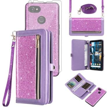 Imagem de Asuwish Capa de celular para Google Pixel 2XL com zíper carteira destacável com película de vidro temperado, alça protetora de tela com glitter, suporte para cartão Pixle 2 XL Pixel2XL Pixel2 LX