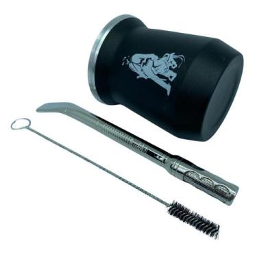 Imagem de Kit tereré cuia copo redondo 350ml alumínio parede dupla preto + bomba