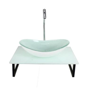 Imagem de Kit Cuba Vidro Oval 10Mm Tampo 50Cm Branco Full Suporte - Cubas E Gabi