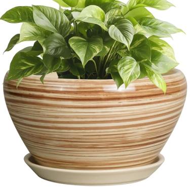 Imagem de Ceramicfor Vaso de cerâmica - Vaso de 23 cm para plantas de interior com orifício de drenagem e pires, vaso de flores redondo esmaltado para plantas ao ar livre, amarelo