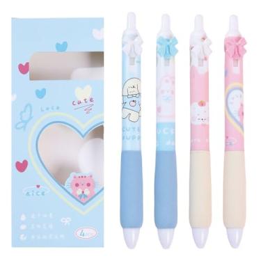 Imagem de MOZXIRZ 4 canetas retráteis fofas canetas de gel com laço macio, canetas de tinta preta de 0,5 mm, canetas de escrita lisas de ponta fina para escritório, material escolar, canetas femininas e meninas