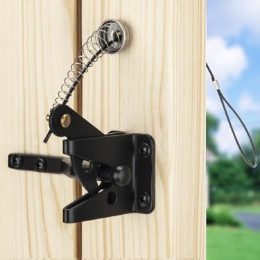 Imagem de TIBEGOLD Trava de portão autotravante com puxador de cabo de mola, trava de porta de alavanca de gravidade preta para portão de cerca de madeira, fechadura de porta de hardware de portão automático