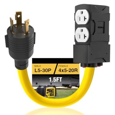 Imagem de HUBRV Adaptador De 30 A Para 20 A 110 3 Pinos Com Disjuntor Rv Gerador Adaptador Cabo De Distribuição Nema L5-30 Twist Lock Adaptador Para 4X 5-15R/5-20R T-Blade Uso Múltiplo Etl Listado Tomada Domé