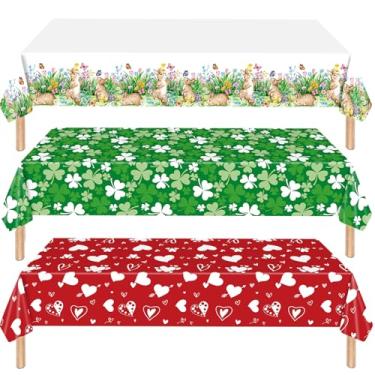 Imagem de Conjunto de 3 toalhas de mesa para Dia dos Namorados, Dia de São Patrício e Páscoa, 137 x 272 cm – Capas de mesa de plástico descartáveis, decorações com desenhos de coração, trevo e coelhinho para