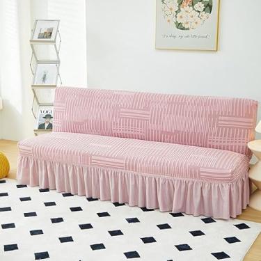 Imagem de Capa de futon sem braços com saia de babados, capa de sofá-cama futon altamente elástica, capa de sofá antiderrapante sem braços, tecido de veludo grosso, macio e aconchegante(Pink,Medium (160-190cm)