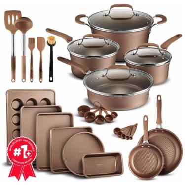 Imagem de Conjunto de Panelas e Frigideiras Antiaderentes em Alumínio com Utensílios, 23 Peças, BAKKEN Swiss, Bronze