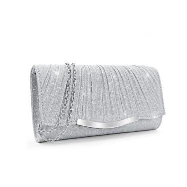 Imagem de FuninCrea Bolsa clutch feminina envelope para noite com corrente destacável, elegante bolsa clutch de lantejoulas para banquetes, Prateado, Medium