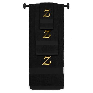 Imagem de Toalha de banho de algodão felpudo bordada personalizada, conjunto de toalha de mão e toalha de banho - conjunto de toalhas pretas, ouro Chancery inicial Z