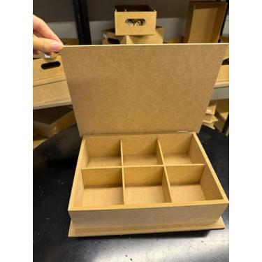 Imagem de Caixa MDF Cru com Tampa e Divisórias (24x15x6) 6 Espaços Para Chá Temperos Bijuterias Lembranças Kit Presente Artesanato Personalizável Decoração Mesa Café Versátil Multiuso