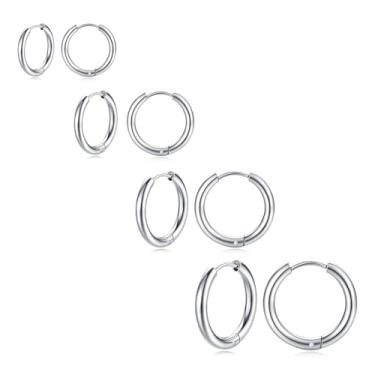Imagem de PICKBEAU 4 pares de brincos de argola de prata fina para mulheres e homens | Conjunto de brincos de argola pequenos banhados a ouro branco 14K hipoalergênicos, pacote de brincos de cartilagem leve (8