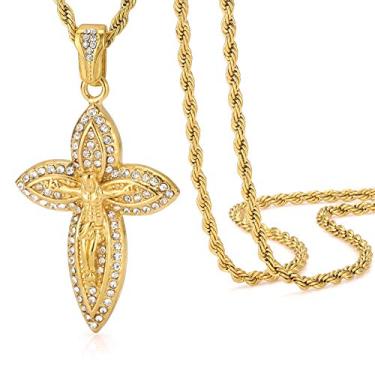 Imagem de ROWIN&CO Colar clássico banhado a ouro 18 K com cruz de crucifixo de Jesus e cruz CZ Hip Hop para homens e mulheres joias cristãs para batismo cristão, corrente de 60,96 cm, Metal, Zircônia cúbica
