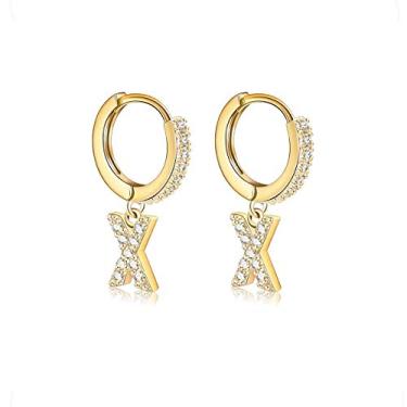 Imagem de Brincos com inicial de zircônia cúbica folheados a ouro 14 K delicados brincos de argola pequena letras hipoalergênicas para mulheres e meninas Dourado
