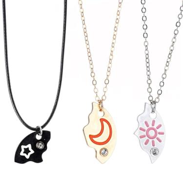Imagem de Qianyu Colares Best Friend Forever Ever para 3 corações divididos gravados estranho sol estrela lua colares combinando conjunto de quebra-cabeça irmãs amizade dia de ação de graças, Zinco, Strass