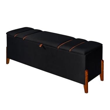 Imagem de Recamier Baú Roma Sapateira Luxo Decorativo Estofado Tamanho 1,50m Estilo Moderno Retro Organizador Premium Para Quarto Móveis De Armazenamento Pés Em Madeira Cama Casal/solteiro (Preto)