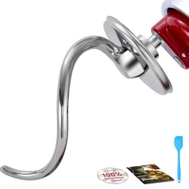 Imagem de Gancho de massa espiral suave de aço inoxidável polido premium 6qt cabe perfeitamente em batedeiras KitchenAid 5-6qt Bowl-Lift Standard, gancho de massa não revestido, antioxidação, lavável na