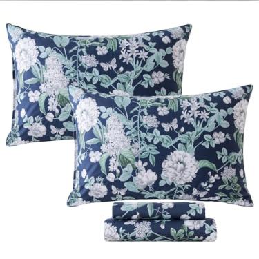 Imagem de FADFAY Jogo de lençol Queen 100% algodão, floral, lençol com elástico alto, moda clássica, vida doméstica, elegante, rosa, peônia, vintage, para todas as estações, macio e fresco, 4 peças