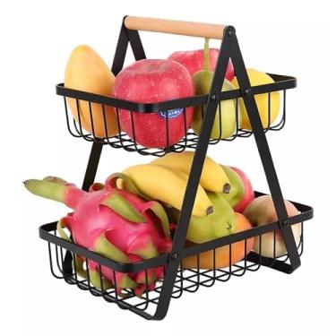 Imagem de Cesto Duplo Fruteira de Mesa Organizador 2 Andares de Bambu e Ferro (Preto | Grande)