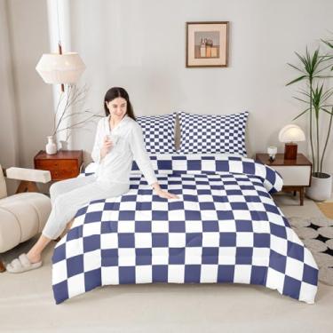 Imagem de Manfei Jogo de cama solteiro xadrez azul marinho, quadriculado geométrico, reversível, 2 peças, decoração de quarto de crianças, meninos e adolescentes, edredom quadriculado leve para todas as