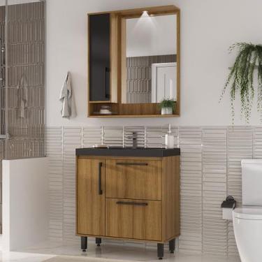 Imagem de Armário de Banheiro 3 Portas 1 Gaveta Mel/Preto - Ozini Móveis, Marrom