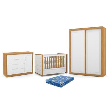 Imagem de Dormitório Tutto New 2 Portas, Cômoda 1 Porta e Berço com Capitonê e Colchão Physical - Matic Móveis Branco Soft/Freijó