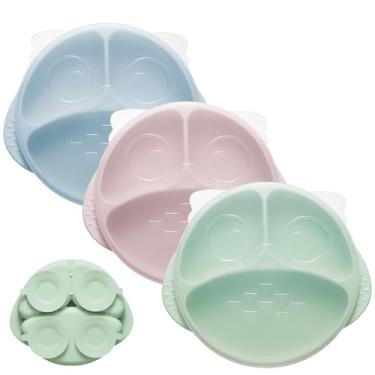 Imagem de bc babycare Pratos infantis de silicone com tampas, pratos para bebês com base de sucção, seguros para micro-ondas e lava-louças, pratos divididos sem BPA para crianças, rosa, verde e azul, pacote com