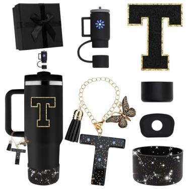 Imagem de Miglaja Acessórios pretos para copos Stanley 850.5 g 1,134.0 g, todos os acessórios caixa de presente contêm topo de palha de flor, bota de silicone, adesivos de letras e pingentes, conjunto de tampa