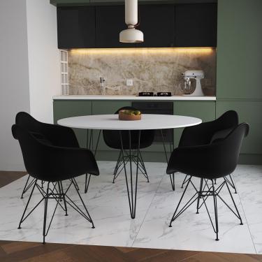 Imagem de Mesa Jantar Redonda 110Cm Branca Clips 3 Pés Com 5 Poltronas Pretas Ferro Preto - Cor: Branco