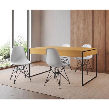 Imagem de Mesa Jantar Industrial Retangular 137X90Cm Canela Com 4 Cadeiras Brancas Base Ferro Cor: Canela