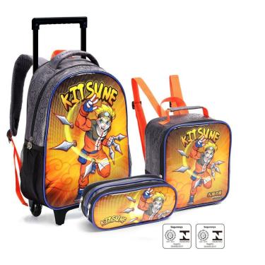 Imagem de Kit Mochila Rodinha Estojo Lancheira Infantil Kitsune Naruto Menino Seanite