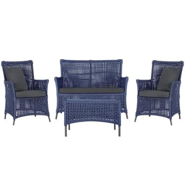 Imagem de Jogo Sofá 2 Poltronas E Mesa Igapó Preta E11 Trama Original Azul