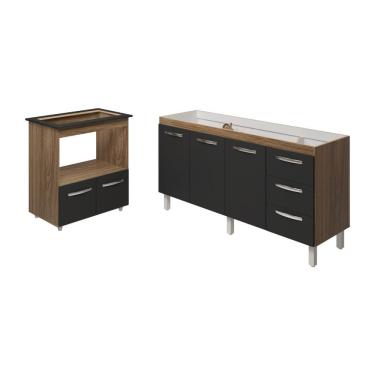 Imagem de Cozinha Balcão Armário Gabinete De Pia 150 Cm Deise E Balcão Evelyn Para Fogão Cooktop 5 Bocas Savana Preto